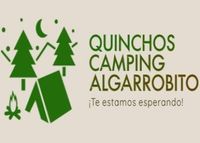A black and white logo for algarrobato quinchos , piscinas y cabañas