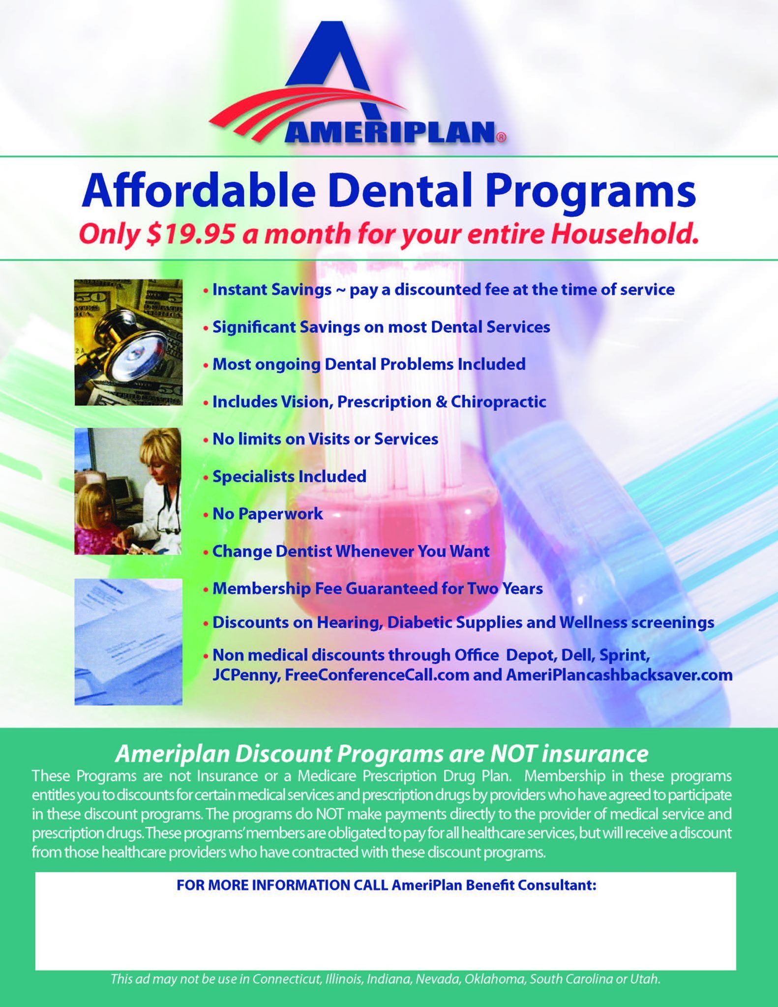 Affordable dental programs flyer with blue and green text, dental images, and an AmeriPlan logo