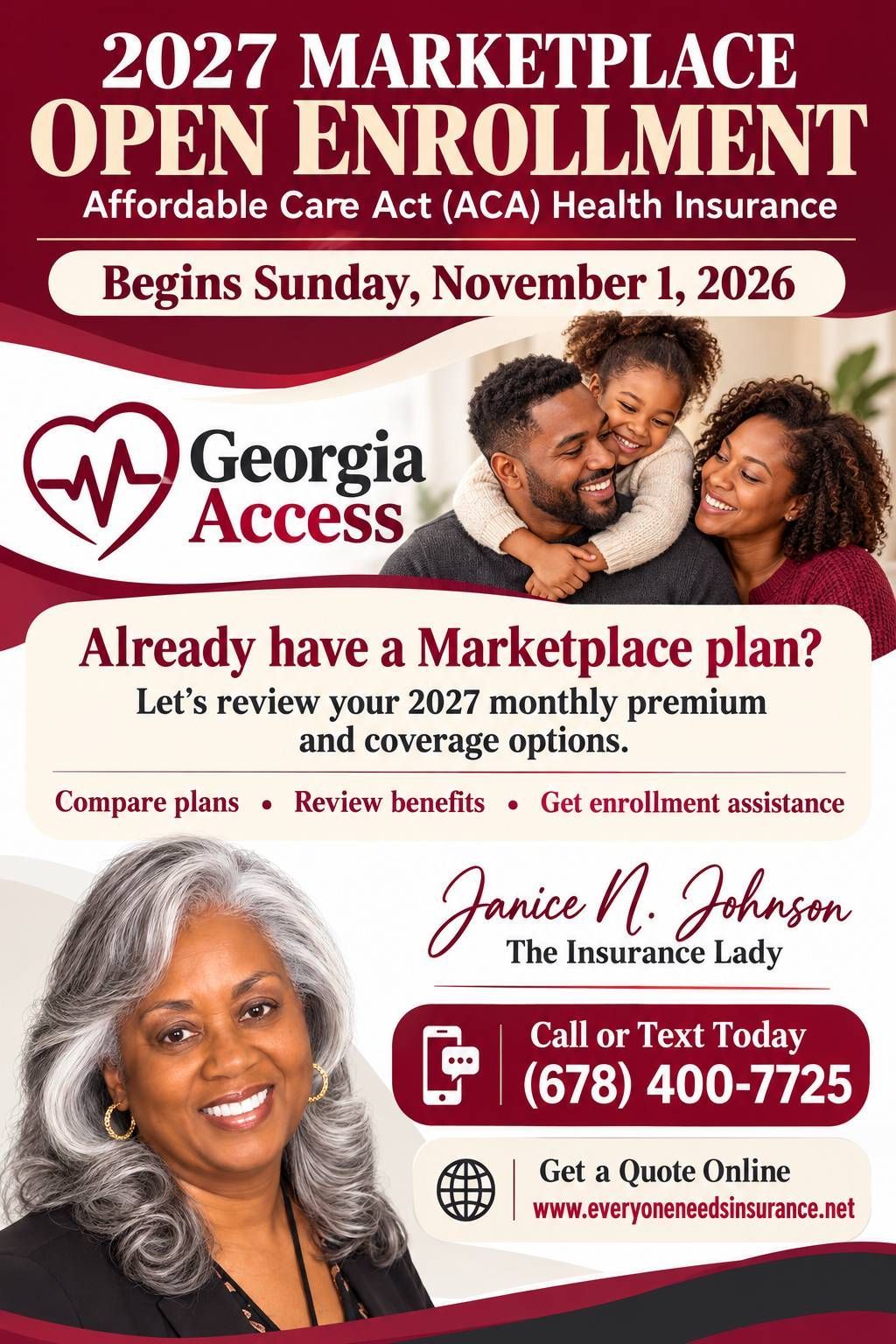 2027 Marketplace Open Enrollment flyer for Georgia Access with photo, dates, and contact info.