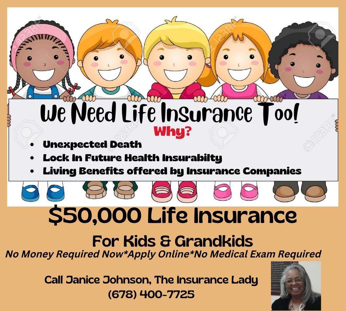 Flyer for $50,000 life insurance for kids and grandkids, with contact information and cartoon children.