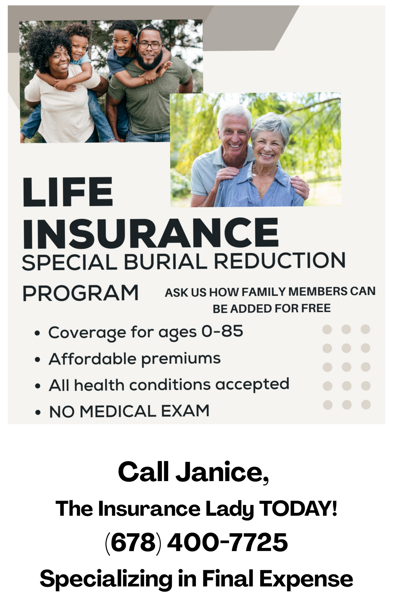 Life insurance flyer with smiling couple photos, special burial reduction program, and contact number for Janice