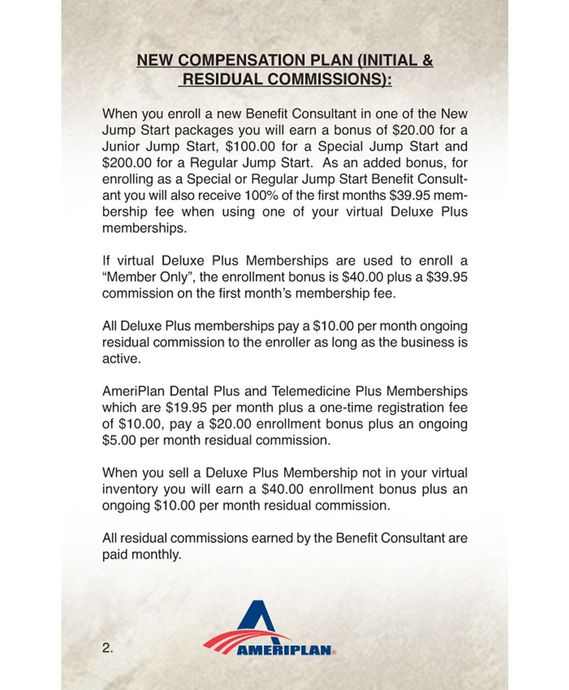 Flyer announcing new compensation plan with text details and a red-blue logo at the bottom