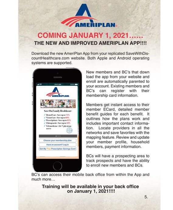 AmeriPlan app announcement poster with smartphone mockup and January 1, 2021 update notice