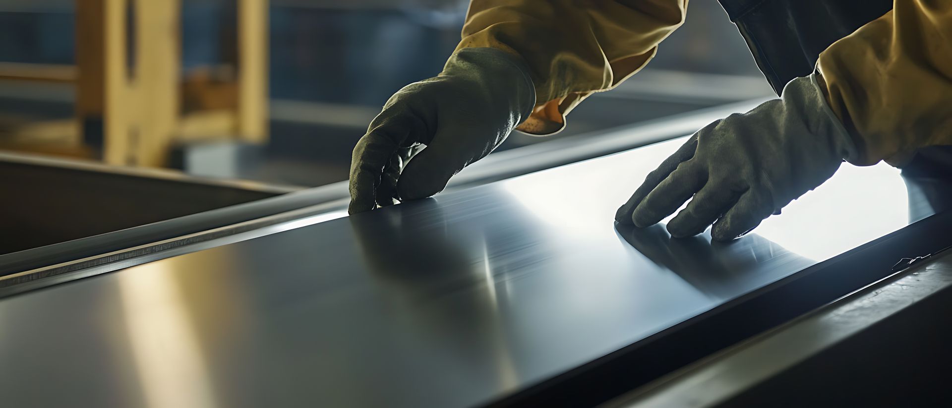 Sheet metal worker shaping aluminum panels in a fabrication shop Sheet metal worker shaping aluminum panels in a fabrication shop