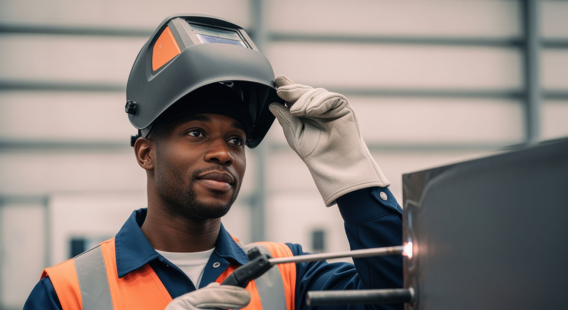 Worker adjusting a welding helmet while operating welding equipment