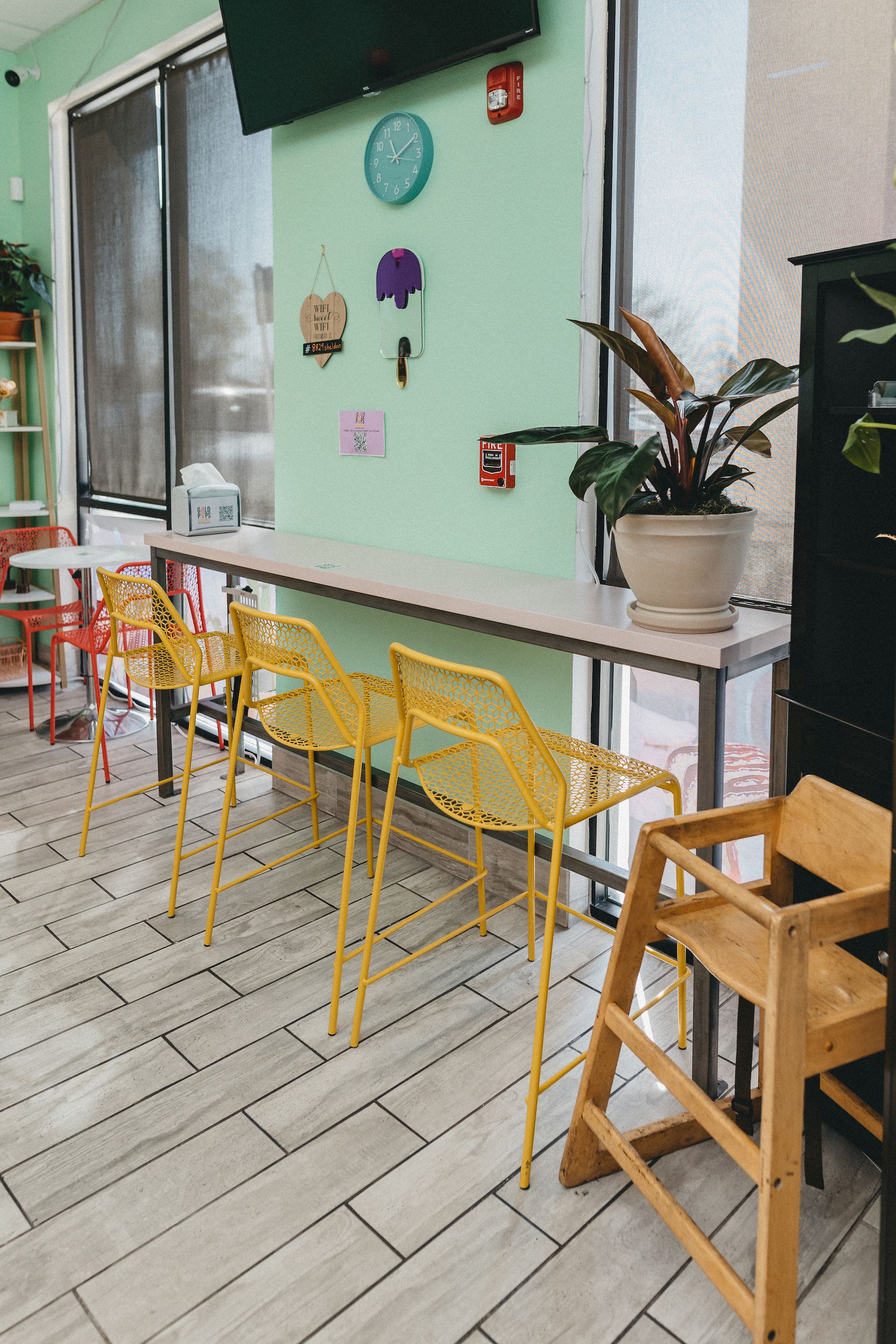 A room with tables and chairs and a plant.