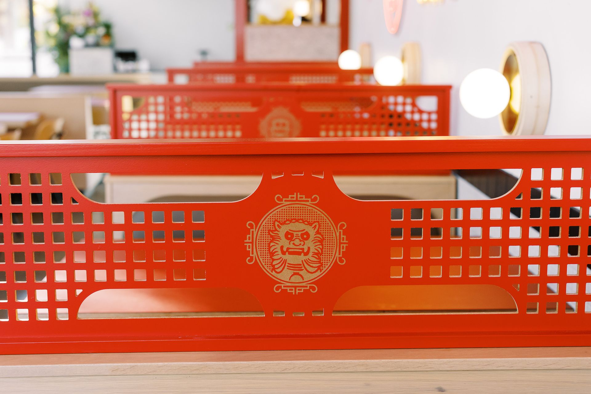 A booth in a restaurant with an image of an animal on it