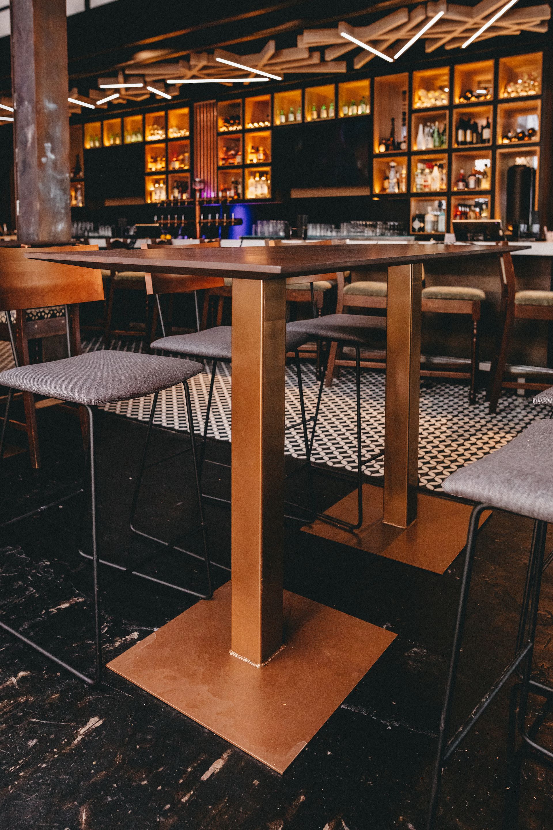 A restaurant with tables and chairs and a bar