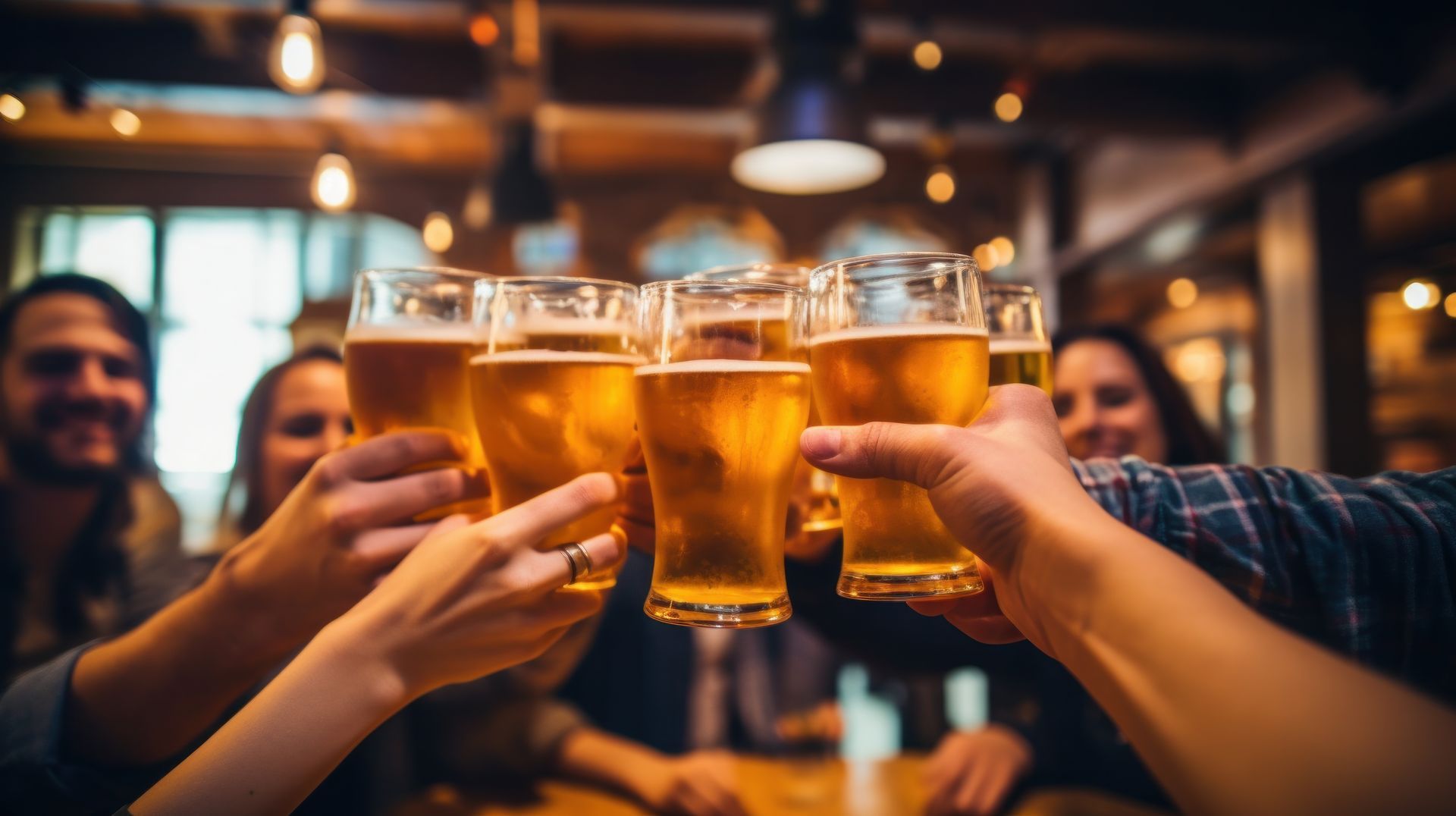 A group of people are toasting with beer glasses in a bar.