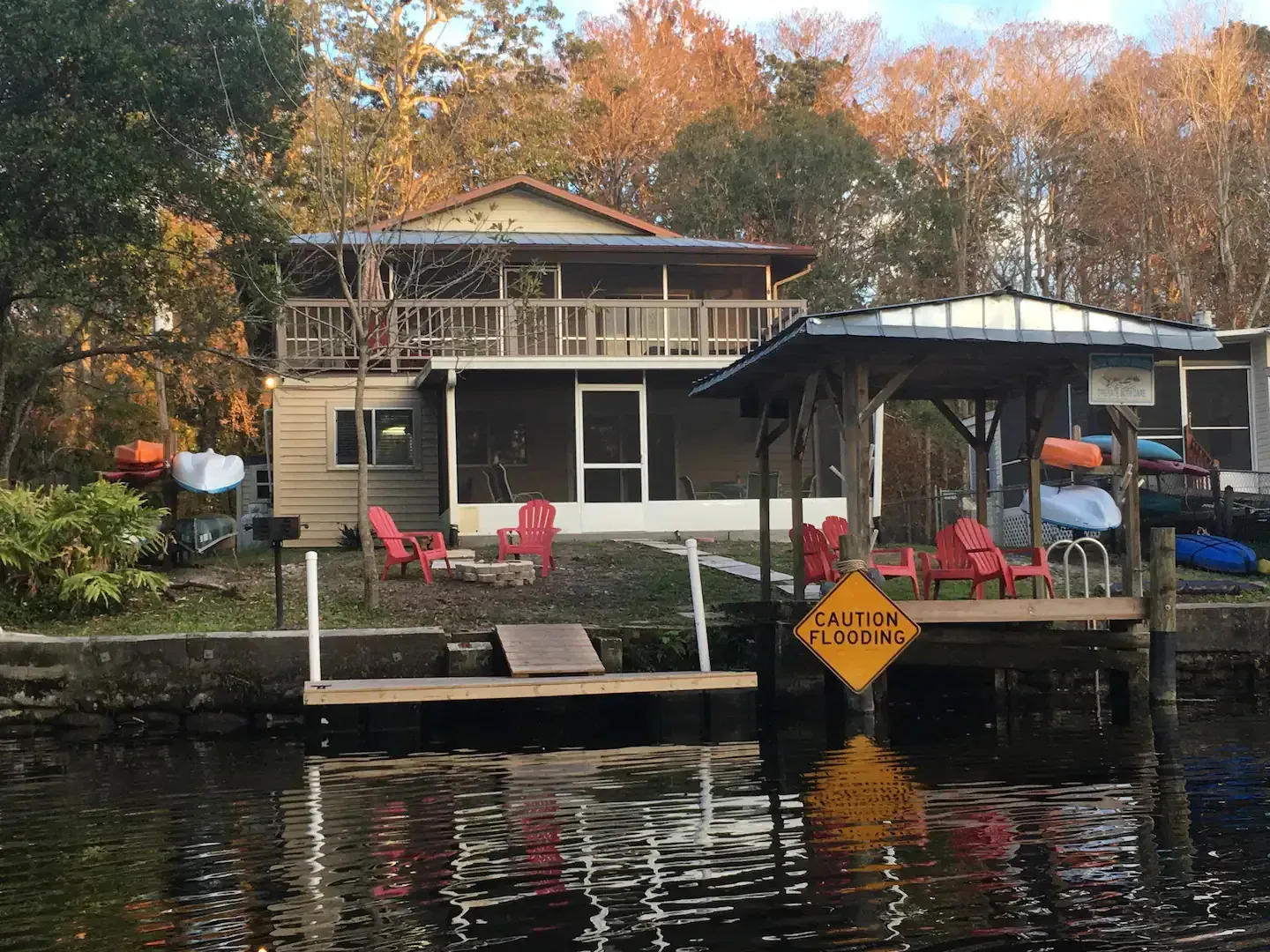 A house is sitting on a dock next to a body of water.