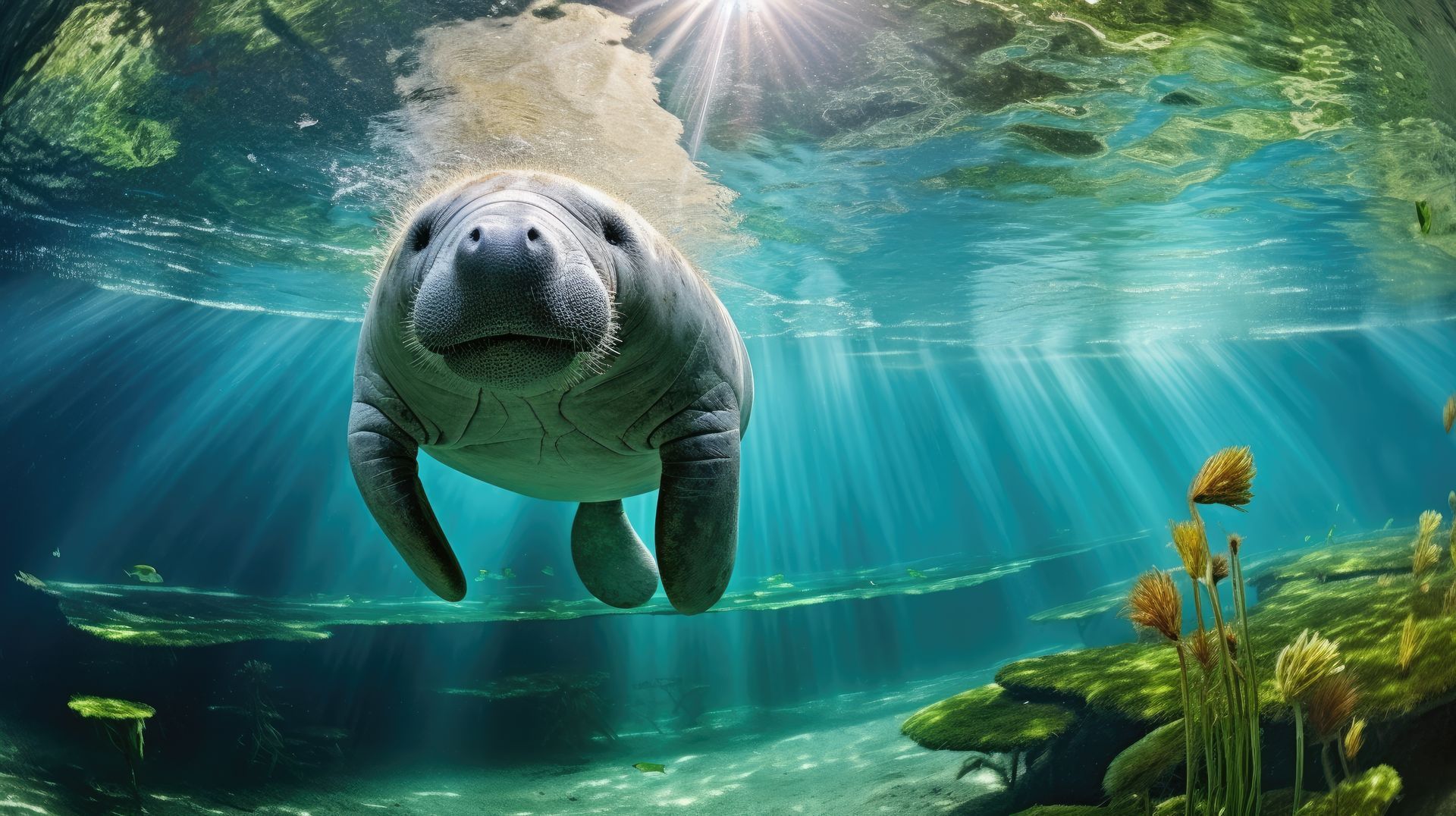 A manatee is swimming in the ocean with the sun shining through the water.
