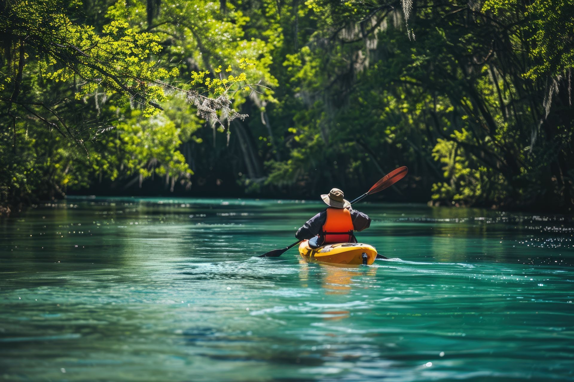 A man is paddling a kayak down a river surrounded by trees.