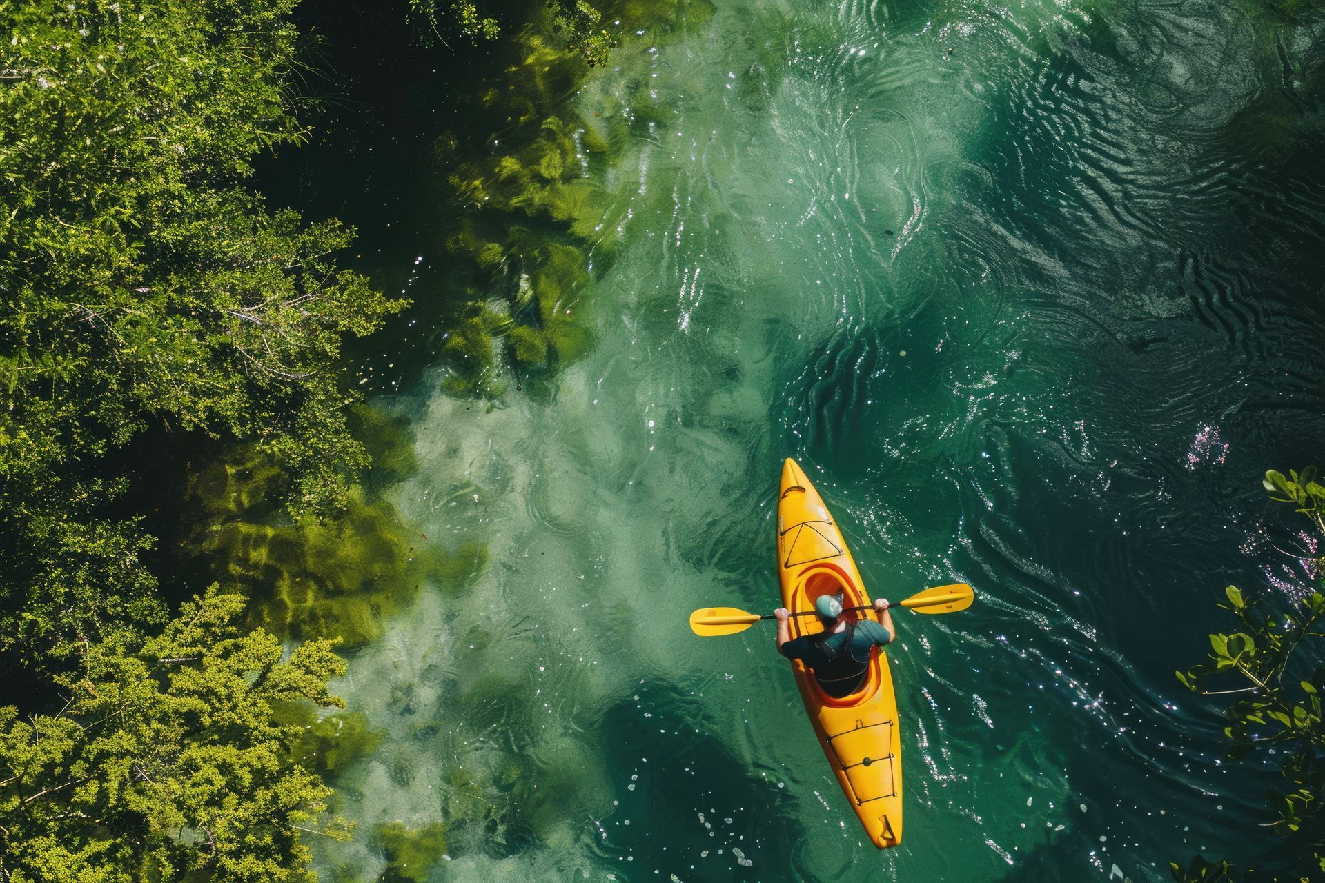 An aerial view of a person in a yellow kayak on a river.