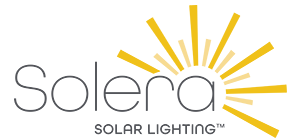 A logo for solera solar lighting with a sunburst