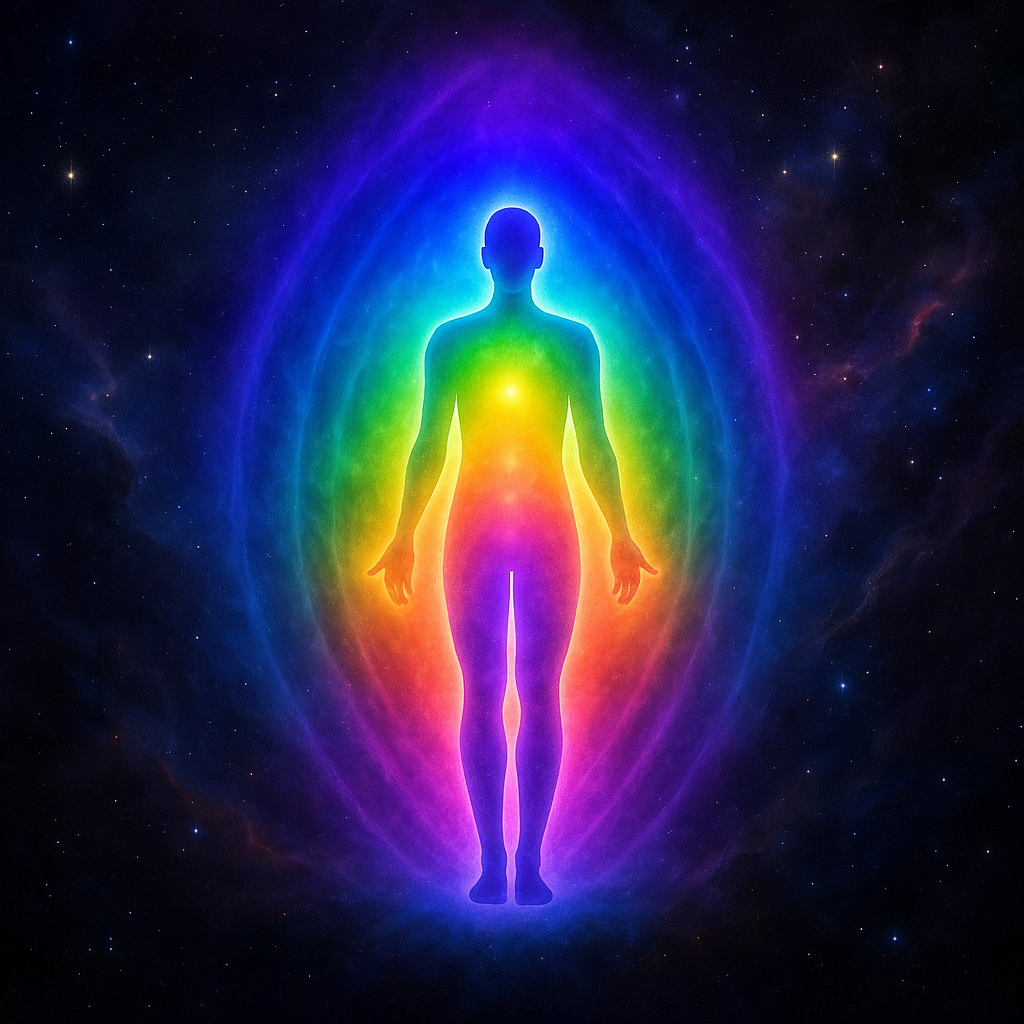 Person-shaped silhouette with a colorful aura against a starry background.