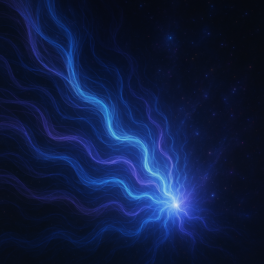 Abstract blue cosmic waves and stardust against a dark background, radiating from a bright center.