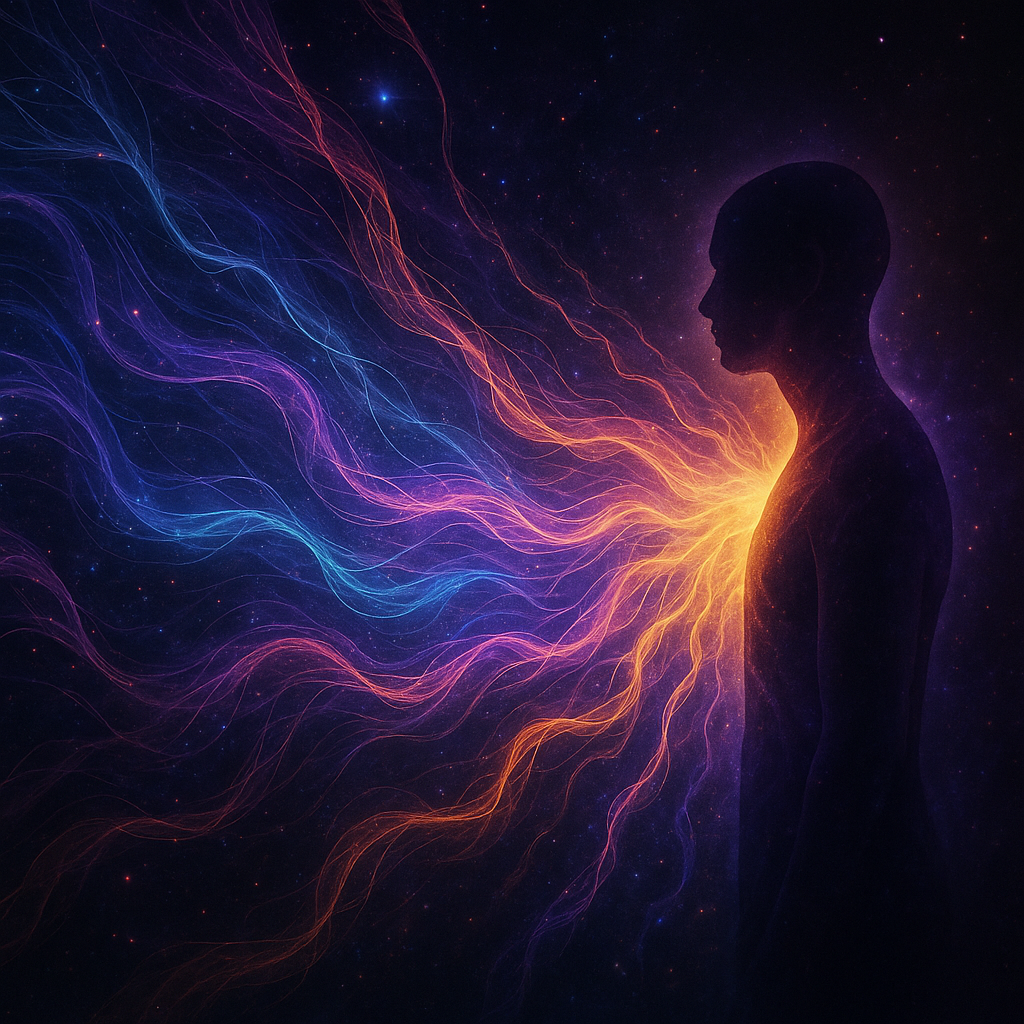 Silhouette of a person amid glowing purple and orange energy waves in a dark cosmic scene