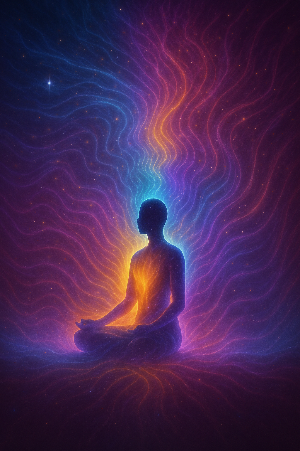 Person meditating, emanating colorful energy waves against a dark background.