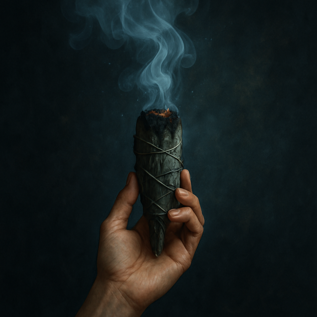 Hand holding a smoking smudge stick wrapped in twine, against a dark blue background.