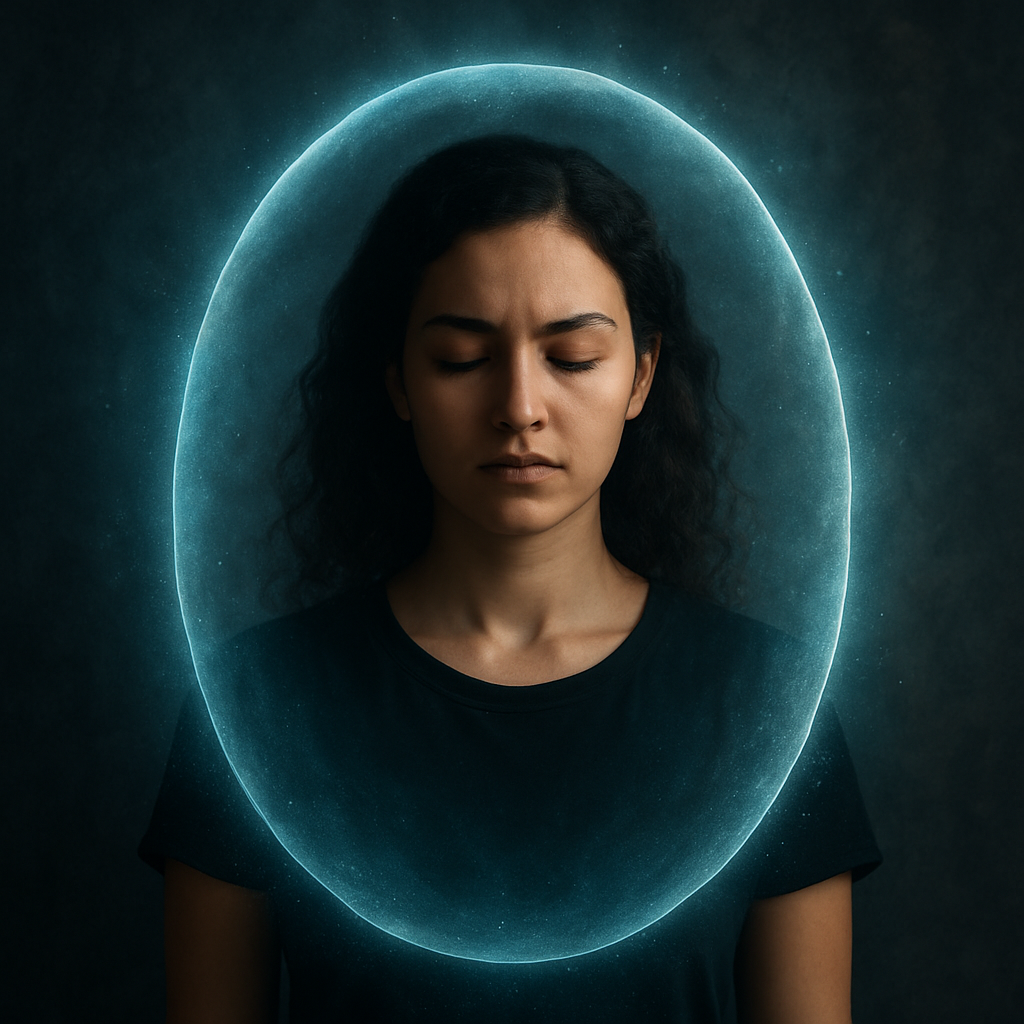 Woman with closed eyes, surrounded by a glowing blue oval, on a dark background.