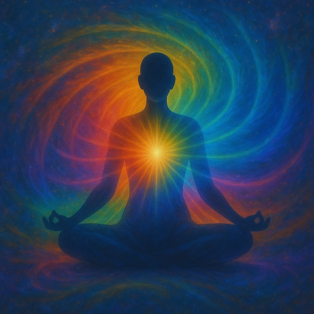 Silhouette meditating with glowing center, surrounded by colorful, swirling energy.