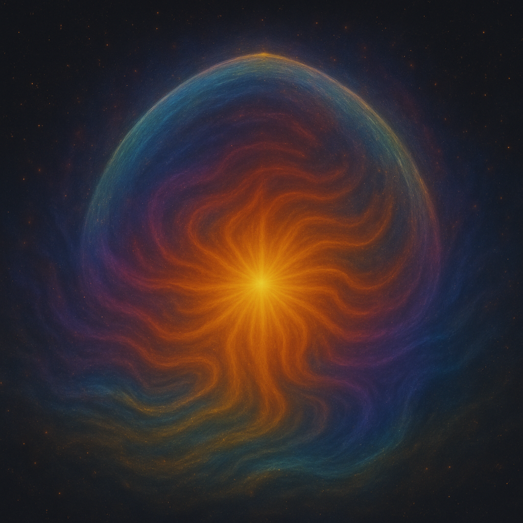 Glowing orb in space with a bright center, surrounded by swirling bands of orange, blue, and purple.