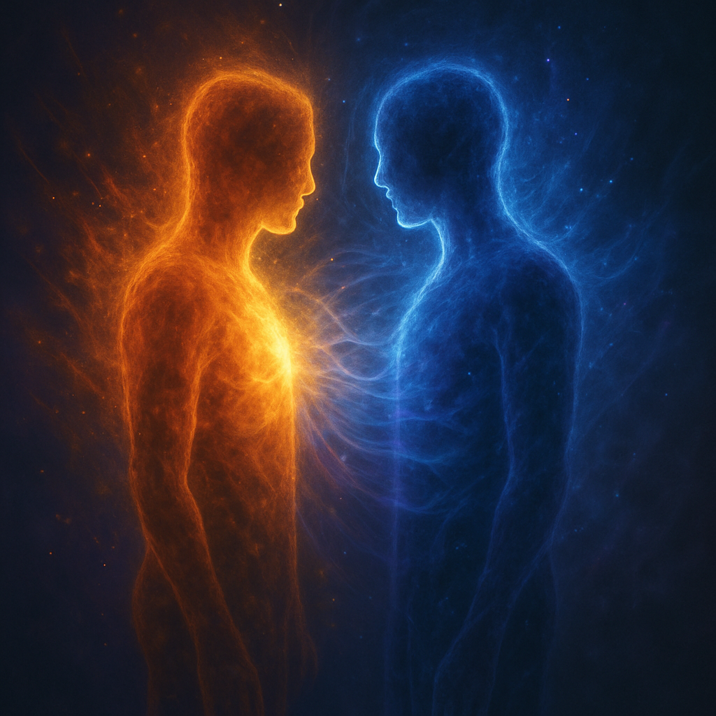 Two human silhouettes, one orange and one blue, face each other with glowing energy emanating from their hearts.