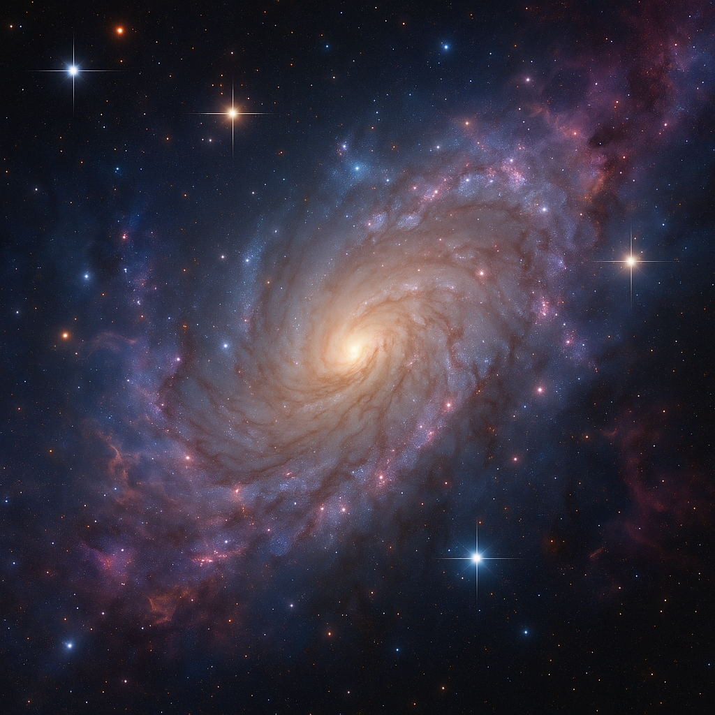 Spiral galaxy with swirling arms of blue and red, a bright yellow center, and scattered stars.