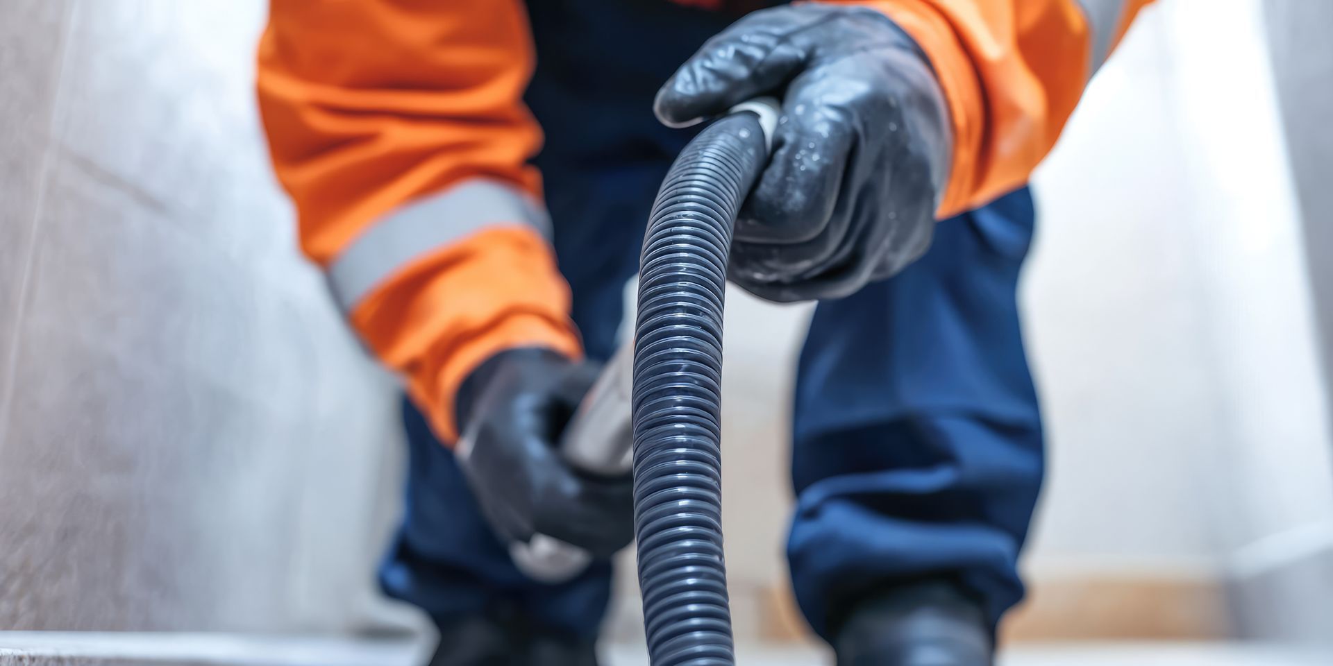 Plumber unclogging blocked toilet with hydro jetting at wc room
