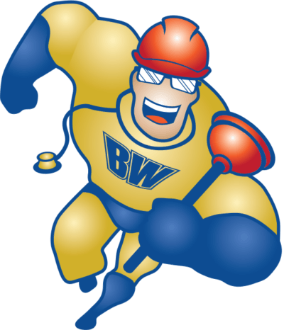 A muscular cartoon mascot wearing a hard hat, goggles, and a yellow suit with 