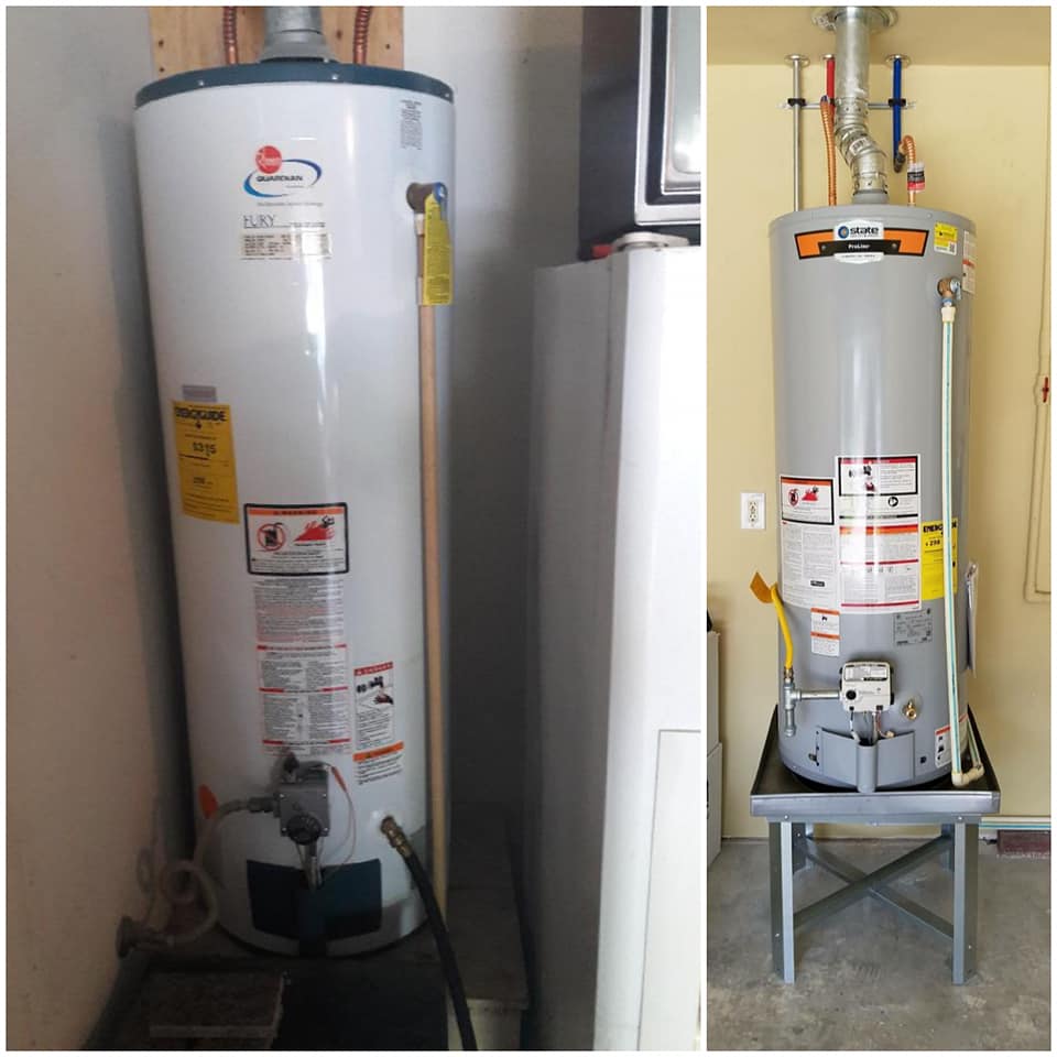 A side-by-side comparison of two vertical cylindrical water heaters installed indoors.