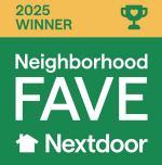 A green Nextdoor Neighborhood Fave 2025 winner badge with a yellow header and a trophy icon.