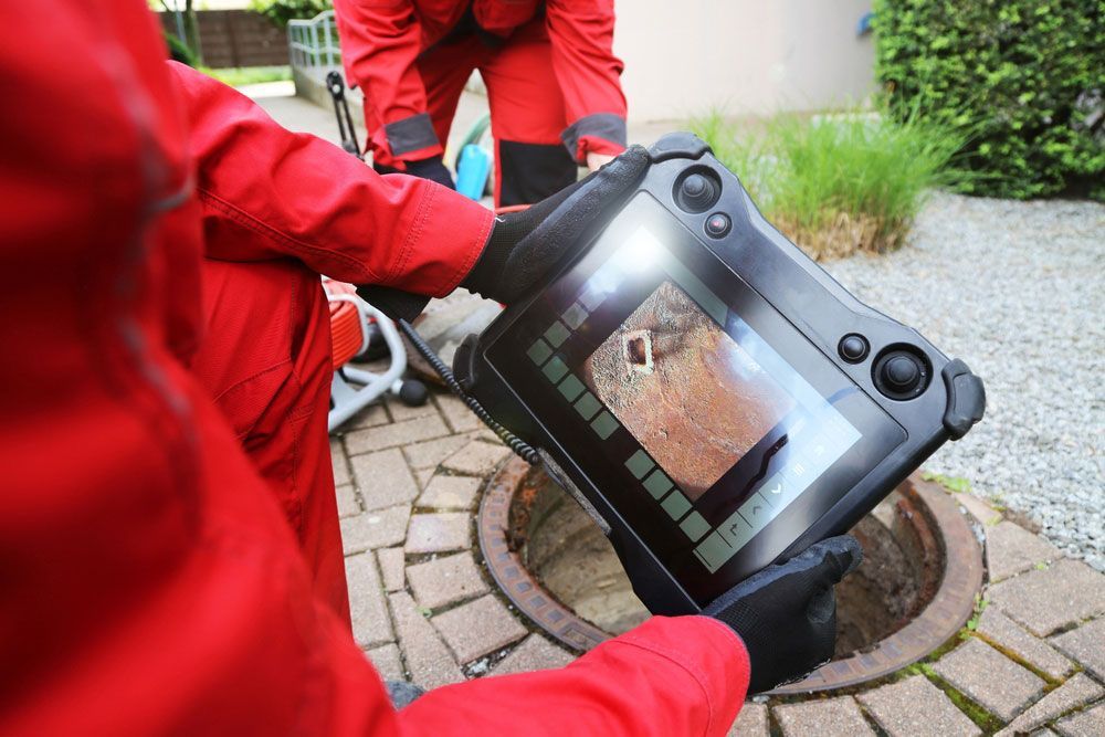 A man in a red jacket is holding a tablet in front of a manhole cover — Hydro Excavation in Goulburn, NSW