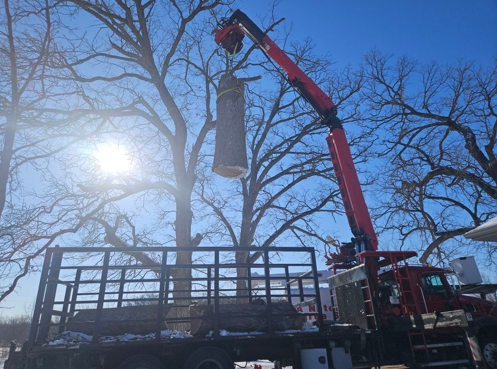Red crane lifting a hanging object beside a truck bed in a sunny, leafless yard