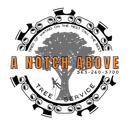 A Notch Above Tree Service logo with gray tree, orange text, black saw blade ring, and phone number 563-260-3700