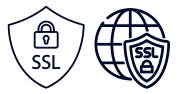 A shield with a padlock and a globe with a shield with the word ssl on it.