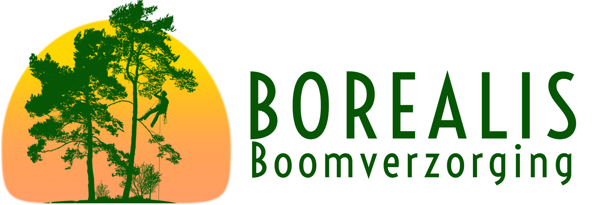 Logo met een boomsilhouet voor een oranjegele zon en de naam