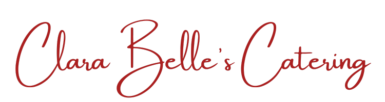 The logo for clara belle 's catering is written in red cursive on a white background.