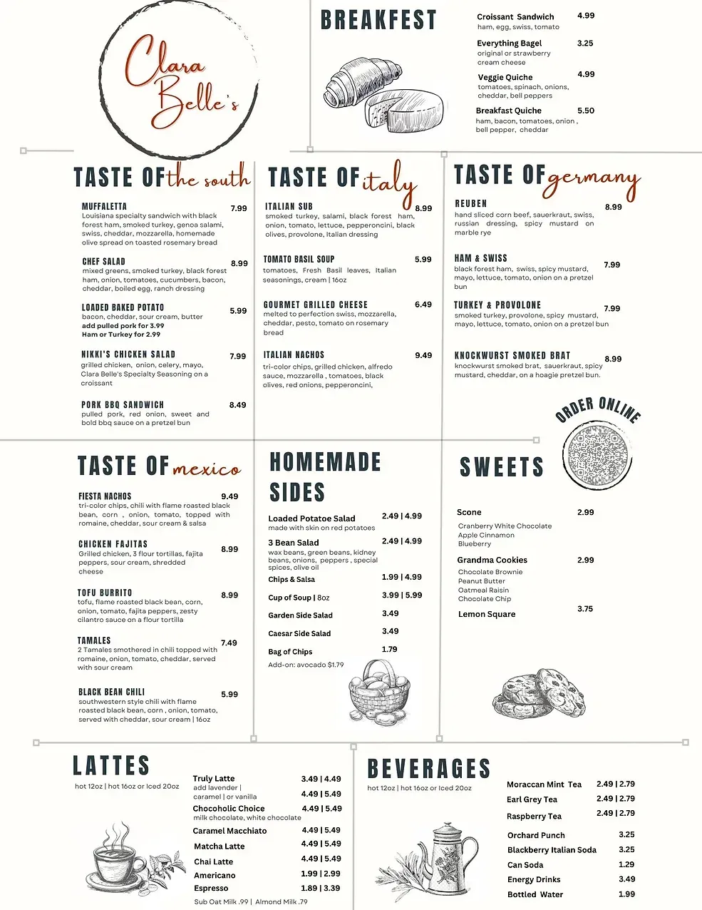 A menu for a restaurant with a variety of food and drinks