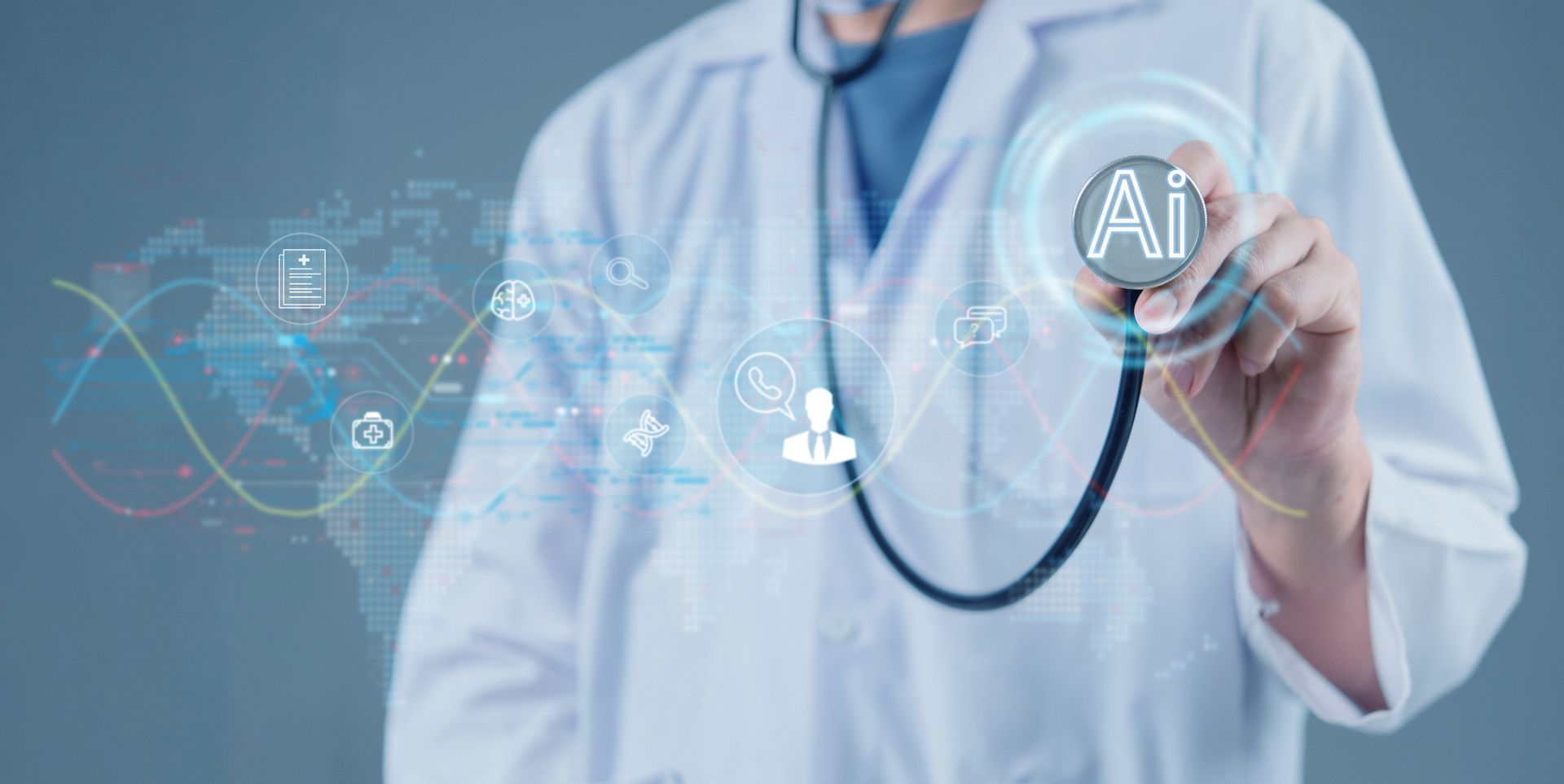 Doctor holding a stethoscope surrounded by artificial intelligence and healthcare technology graphics