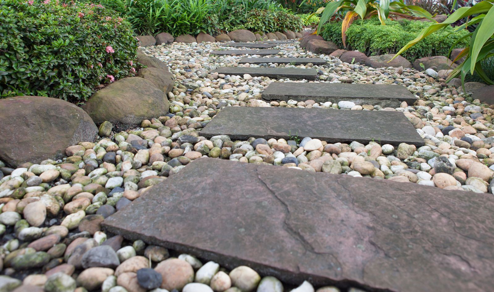 A stone walkway surrounded by rocks in a garden
