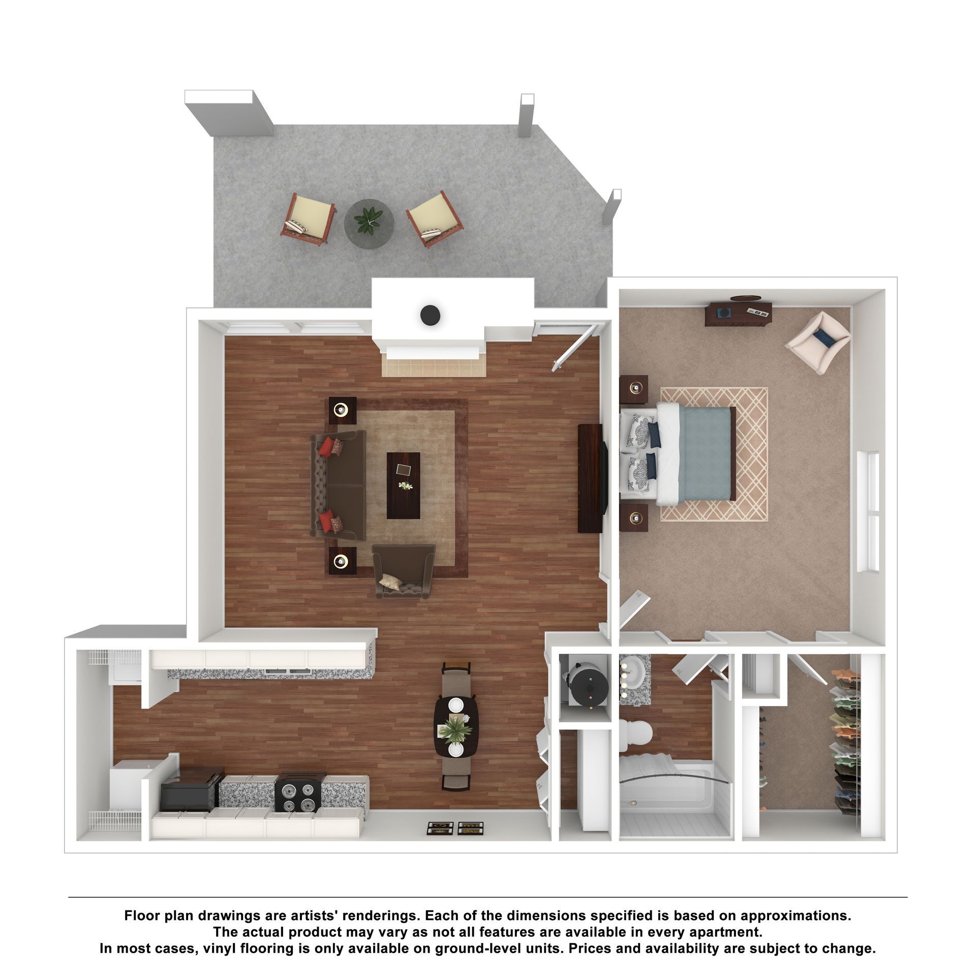 Top-down 2D floor plan of a one-bedroom apartment with a living room, kitchen, patio, bathroom, and walk-in closet.