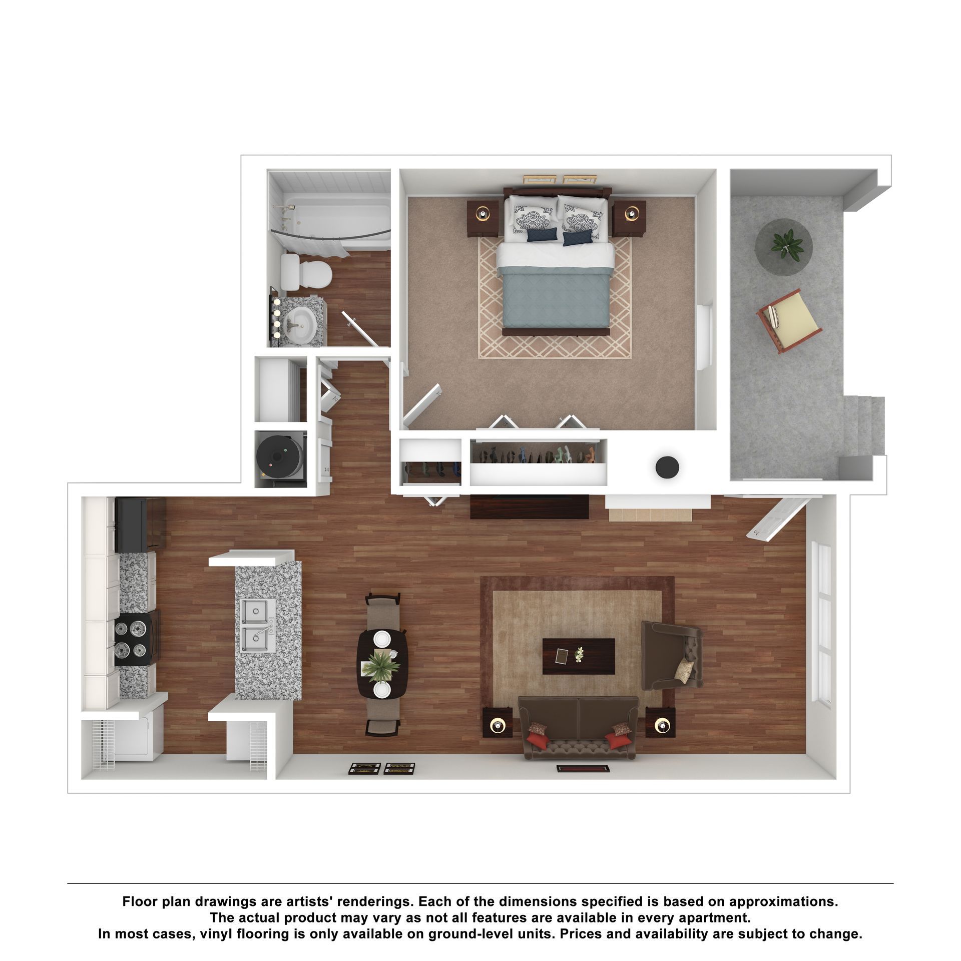 A 2D top-down floor plan of a one-bedroom apartment with a kitchen, dining area, living room, bathroom, and balcony.
