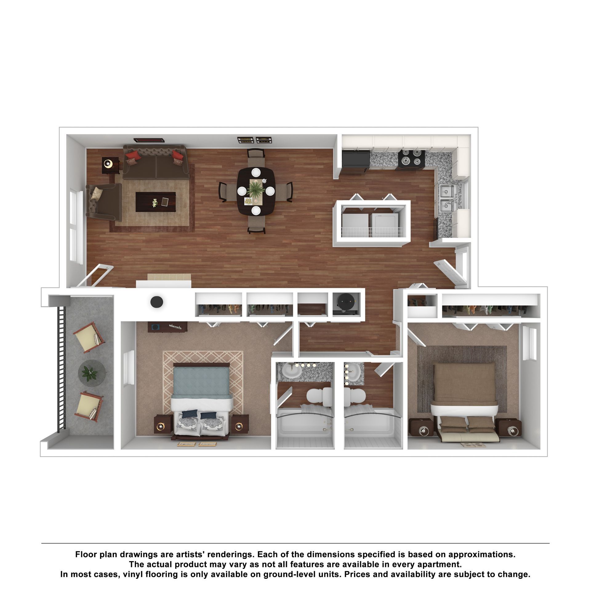 Floor plan of a two-bedroom, two-bathroom apartment featuring an open-concept living, dining, and kitchen area with a patio.
