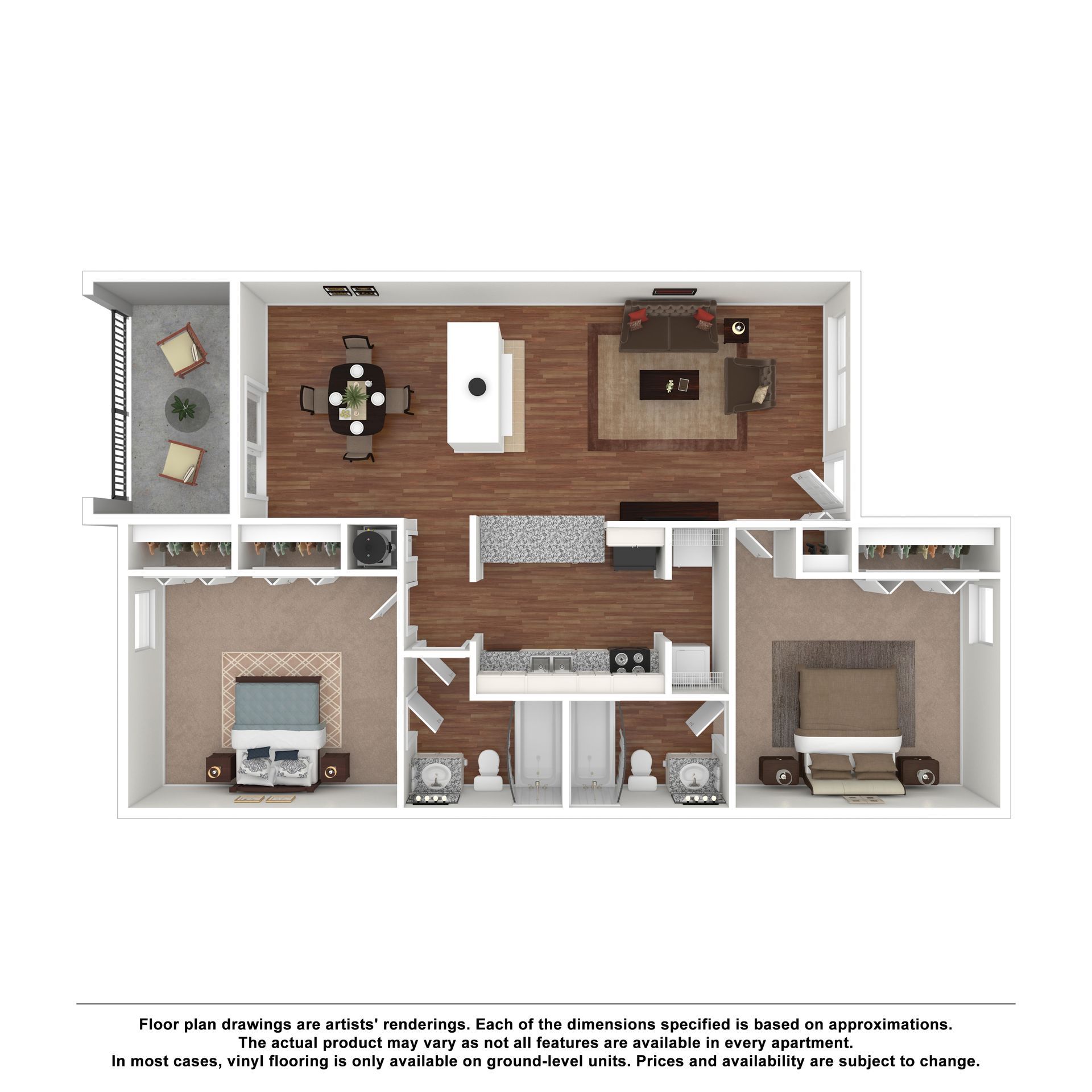 Floor plan of a two-bedroom, two-bathroom apartment with an open-concept kitchen, living room, and a patio.