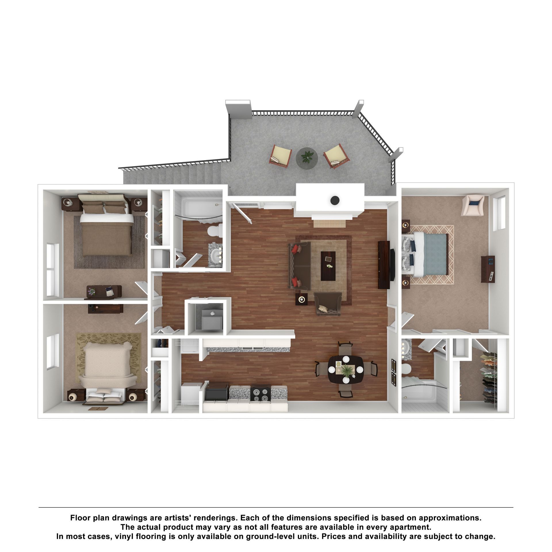 Floor plan of a three-bedroom, two-bathroom apartment featuring an open living area, dining space, kitchen, and balcony.
