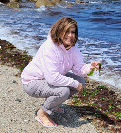 Woman crouching on a rocky beach, holding seaweed near the water in a pink hoodie.