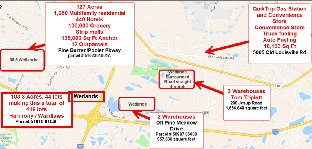 Annotated map with red arrows and white text boxes highlighting several locations on a city map.