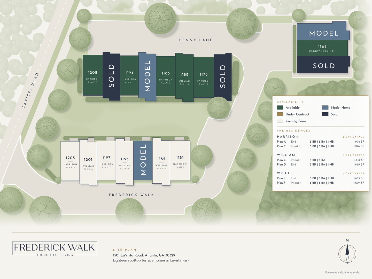 A site plan showing two rows of rectangular building footprints and a small separate structure, set among green trees.
