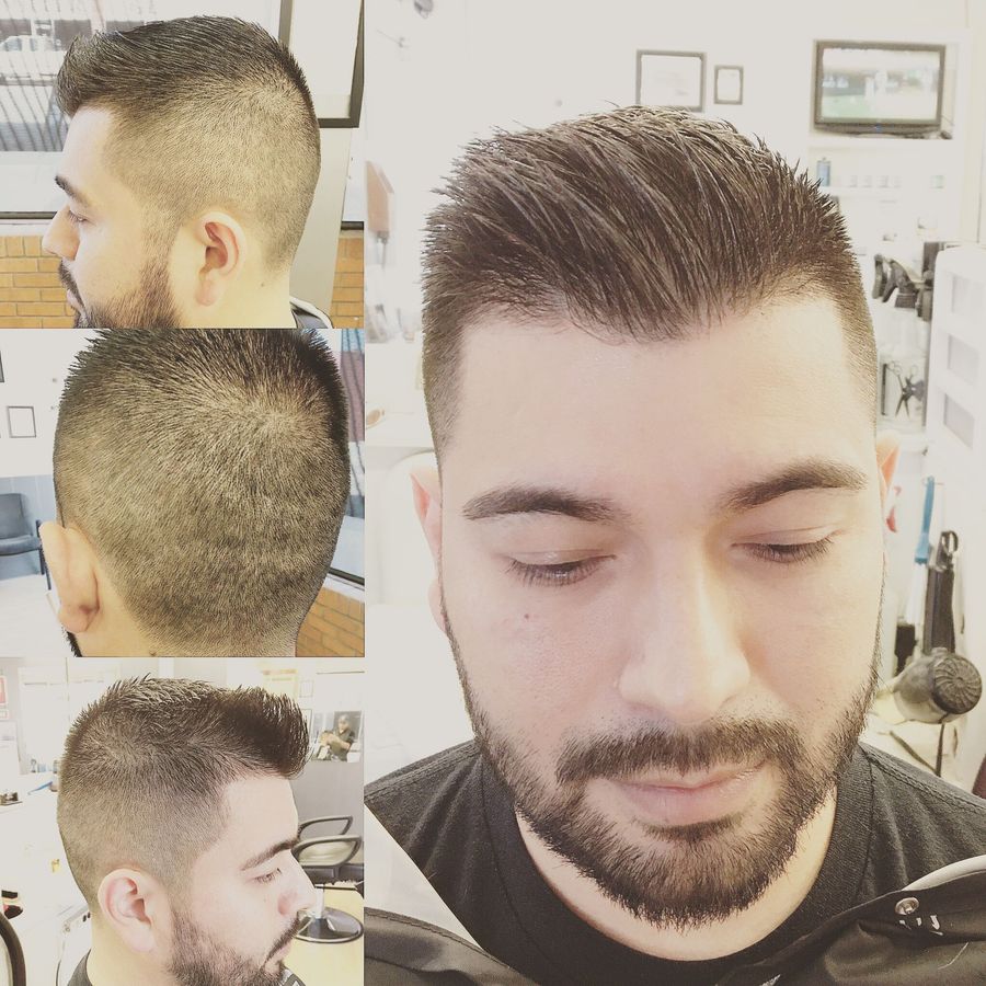 Collage of a short textured fade haircut from multiple angles, with a smiling side-profile view.